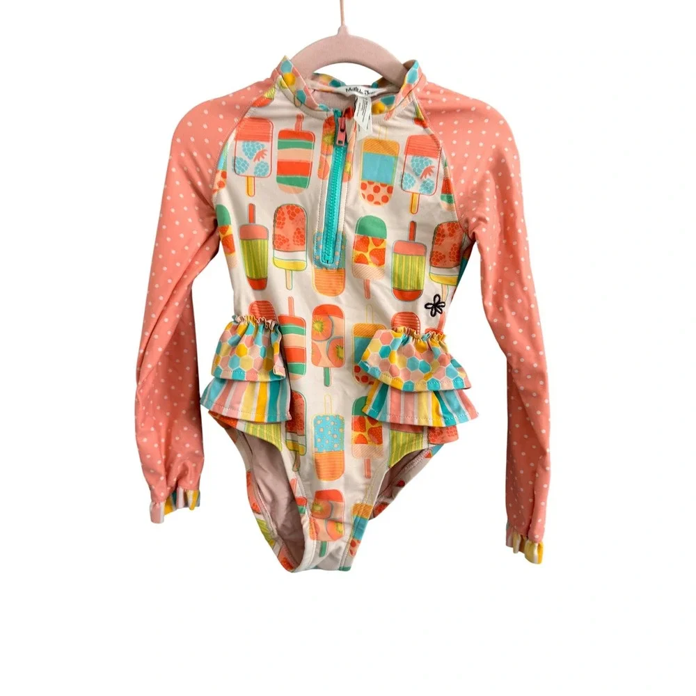 Matilda Jane One Piece Swimsuit Girls 4 Coral Popsicle Ruffle Rash Guard Zip